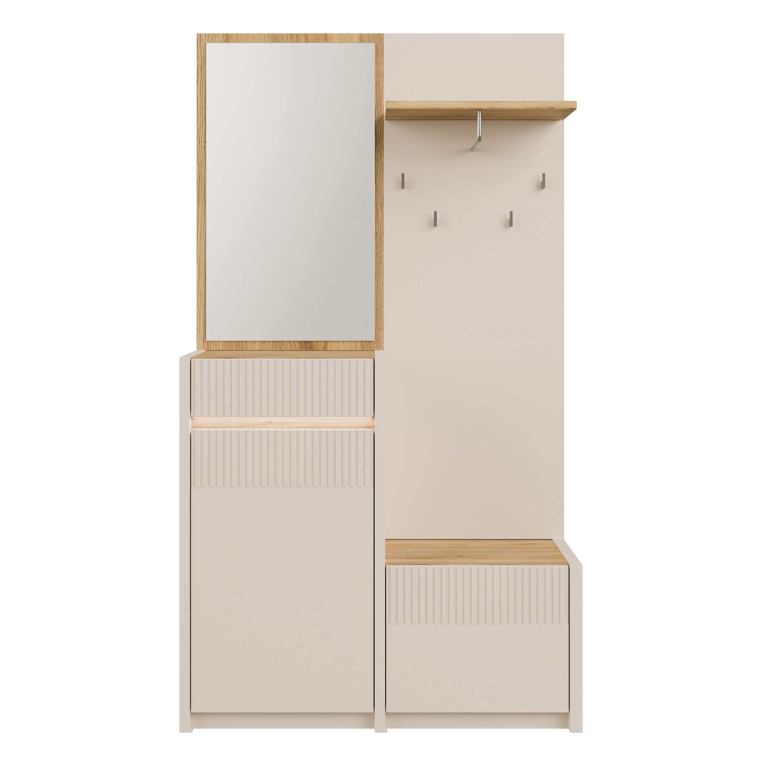 Forte Oak SQUERE Garderobe 100 110, Elegante Garderobe mit Spiegel, Kleiderstange und Aufbewahrung, Holzwerkstoff, Mauvella Eiche Holzdekor/Sand, 108,4 cm breit x 195,9 cm hoch x 41,7 cm tief