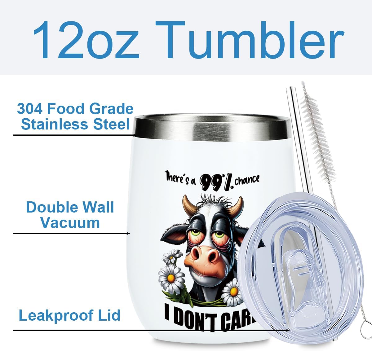 Funny Quotes Wine Tumbler, Cow Print Sarcastic Cow Gifts Double Wall Vacuum Insulated Coffee Mug Wine Glass 12 oz Tumbler with Lid for Women Men Girls Boys Friend Birthday Friendship Christmas - Image 2
