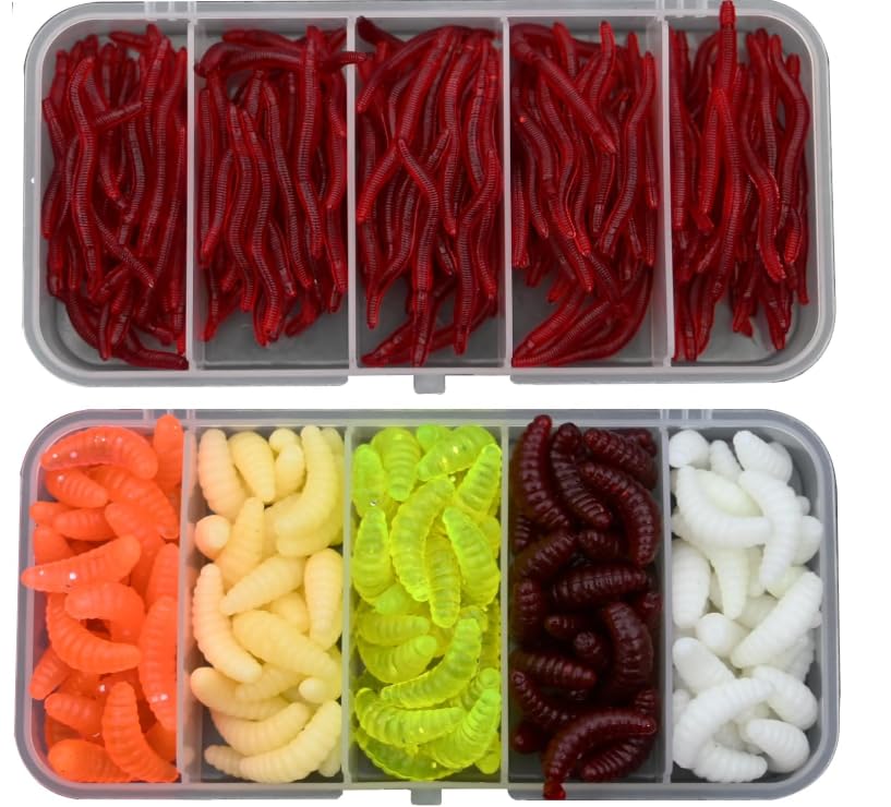 Juego de 350 lombrices artificiales para pesca de trucha, juego de 150 gusanos de la harina y gusanos de la harina, ideal para pesca de truchas, 150 gusanos de la harina + 200 pequeñas lombrices de