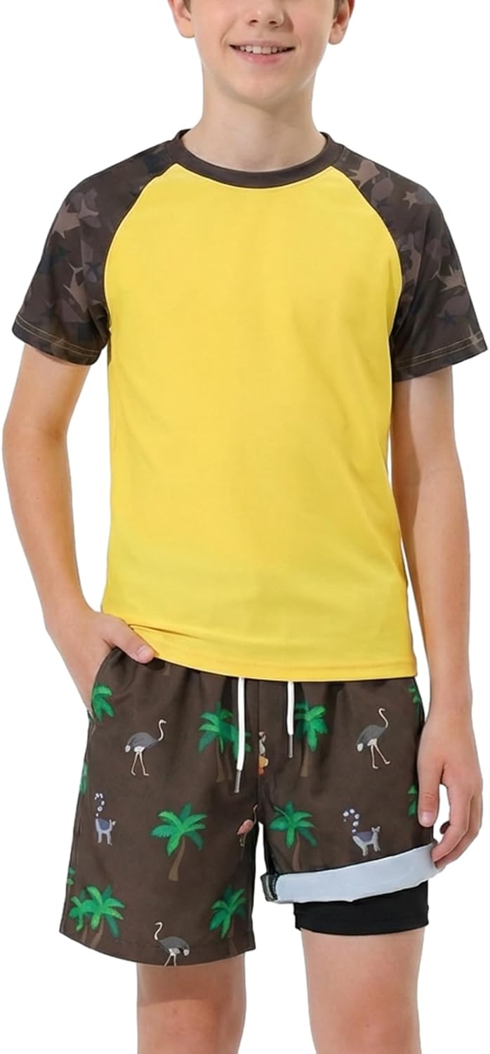WISREMT Boys Swimsuit Rash Guard Kids 2 Piece Bathing Suit UPF 50+ Short Sleeve Swim Shirt & Trunks with Compression Liner