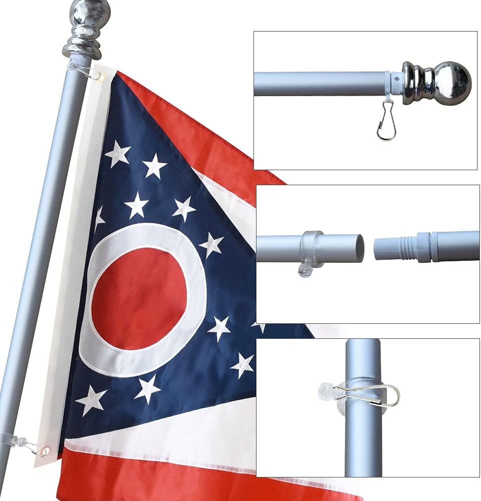 American 3x5 Ohio State Flagpole Kit with Nylon Outdoor Flag & Aluminum Flagpole & Metal Base, Embroidered Stars, Fade Resistant Commercial Grade US Flag and Hardware of OH Flags
