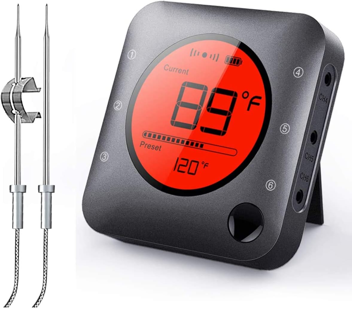 BBQ Grill Thermometer Wireless Meat Bluetooth 5.0 Barbecue Meat Thermometer with 2 Stainless Steel Probes, APP Smart Alarm, Large LCD Display for Grilling Smoker, Barbecue, Outdoor Cooking