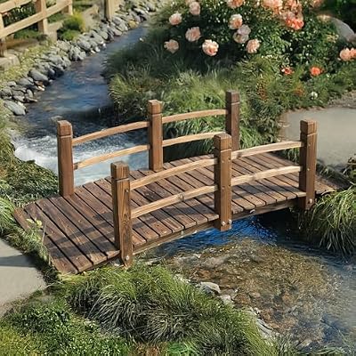 EPICOZY Wood Garden Bridge Classic Wooden Arch Stained Finish Footbridge with Safety Railings, 530 lbs Capacity, Decorative Pond Bridge Landscaping for Outdoor Yard Farm Garden Creek Ponds, Carbonized