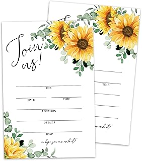 Set of 25 All Occasion Sunflower Invitations with Envelopes- Join us Invitations, Greenery Invites for Bridal Shower Wedding Engagement Birthday Retirement Grad Fill in Style Invites Cards -009