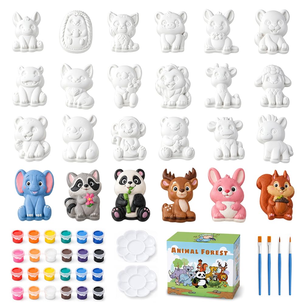 SGZIOO 24 Pcs Paint Your Own Sets for Kids, Plaster Jungle Animals Painting for Kids, Pottery Painting Kit, Ceramic DIY Ceramic Arts and Crafts, Kids Painting for Children Birthday Gift Party Event