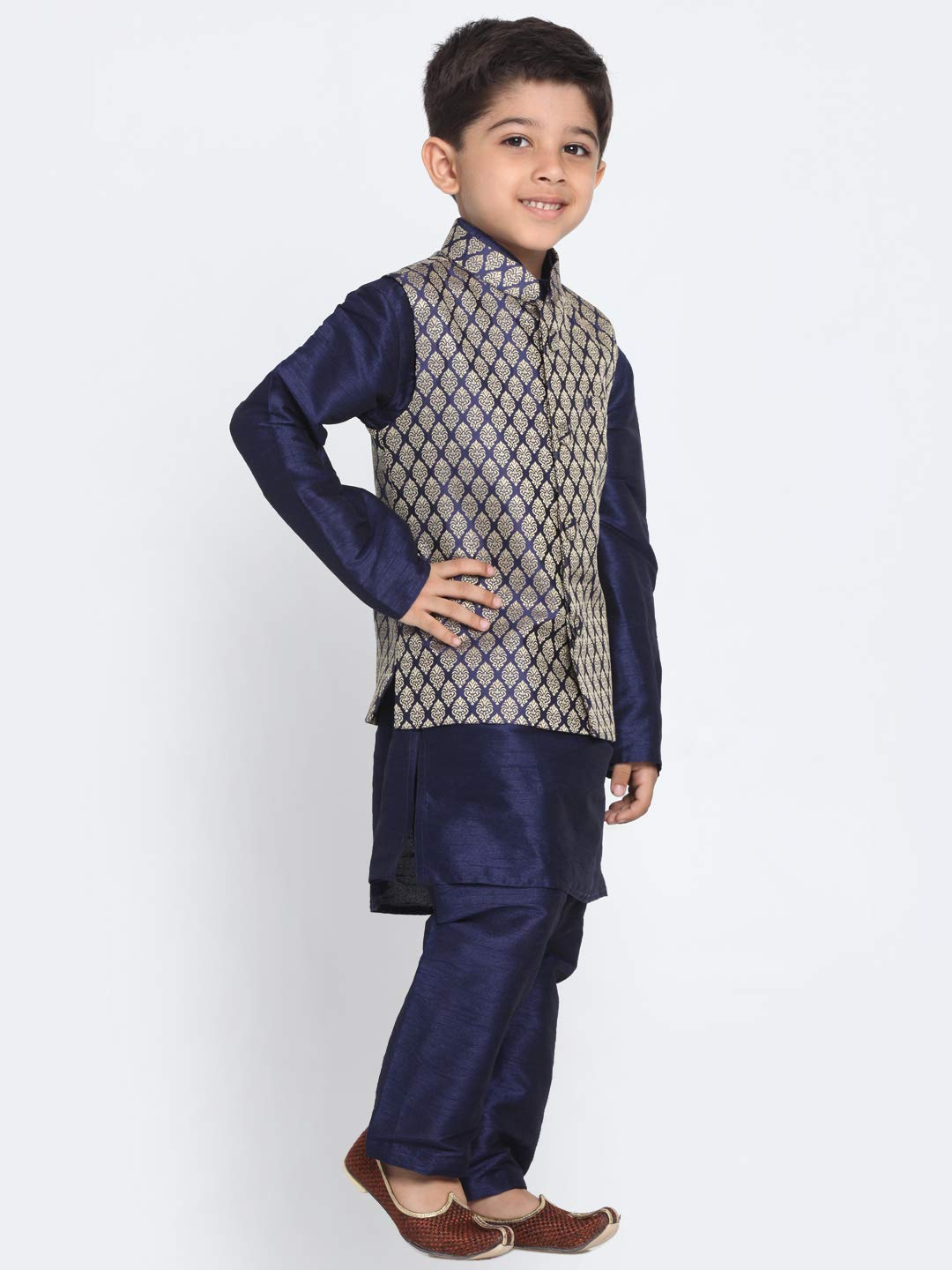 Jbn Creation Boys Silk Blend Navy Blue And Gold Kurta Pyjama Jacket Set - Ethnic For Festivals_Vasnbj005Bunbknb001Npnb_34