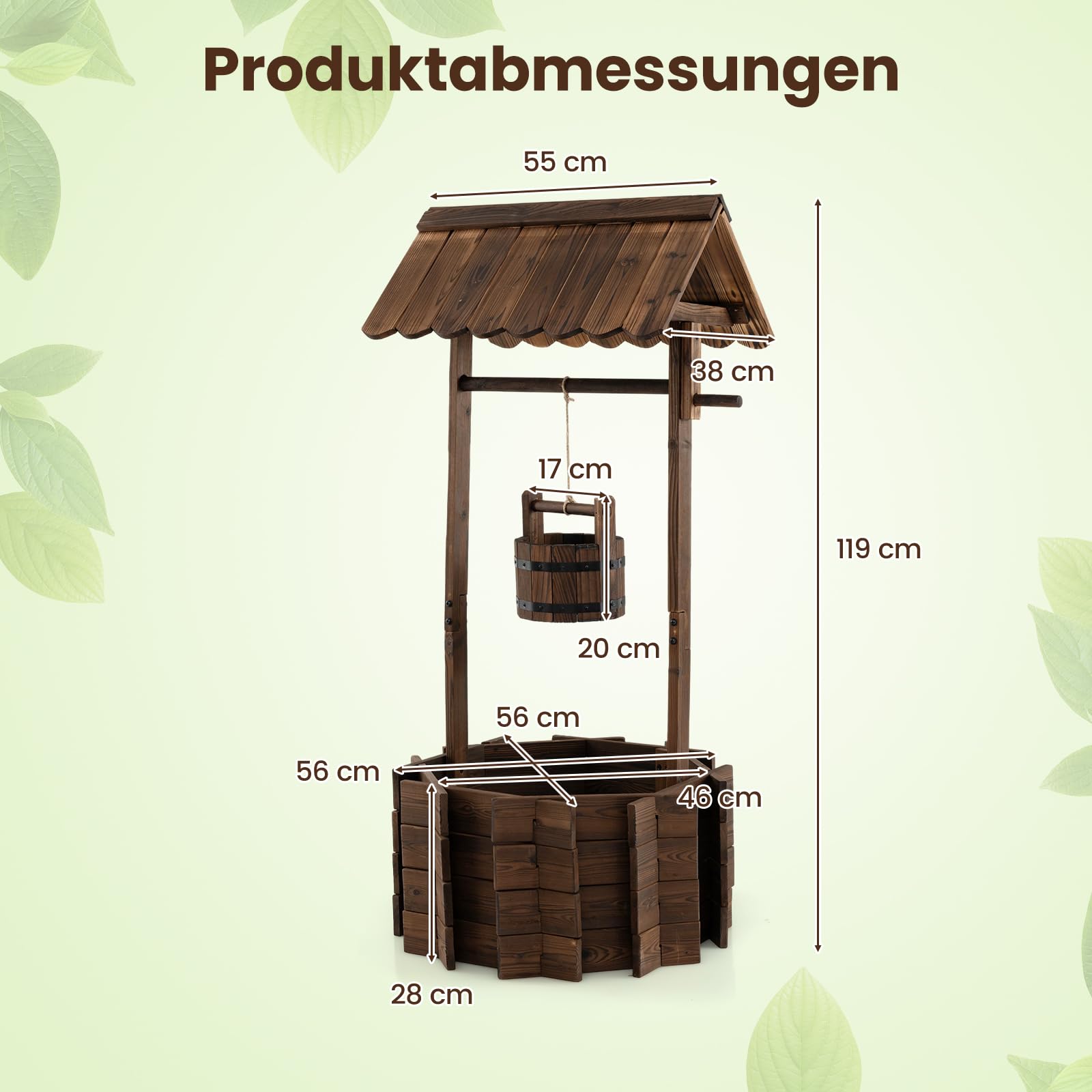 COSTWAY Holzbrunnen mit Dach, Wunschbrunnen Garten, Blumenkübel Dekobrunnen Blumentopf, Dekoration für Draußen Veranda, Zierbrunnen Brunnen Gartenbrunnen, 56 x 56 x 119 cm, Braun