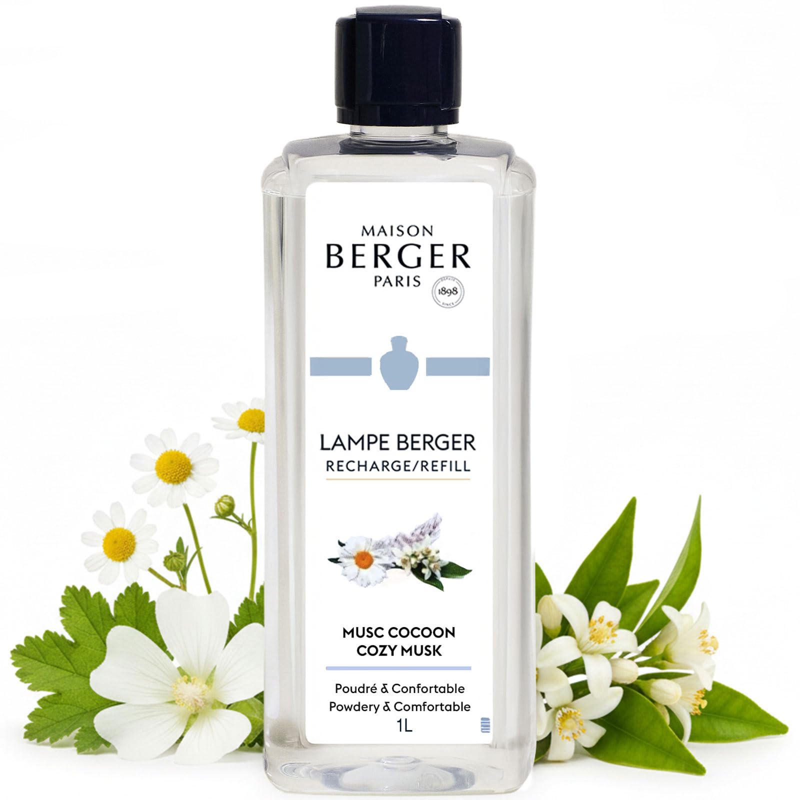 MAISON BERGER Cozy Musk Lamp Berger Fragrance Refill, 1 Liter – 2-in-1 Catalytic System, Neutralizes Odours Then Diffuses Fragrance, Soft White Musk with Hints of Orange Blossom and Vanilla