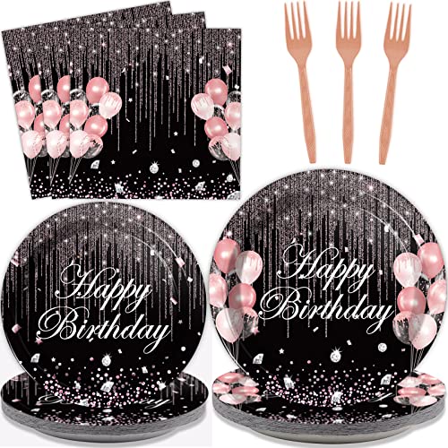 chiazllta 96 Pcs Black Rose Gold Party Paper Plate and Napkins Pink Rose Gold Birthday Party Table Decoration Supplies Pink Glitter Party Paper Plate Napkin Fork for Party Favors 24 Guests