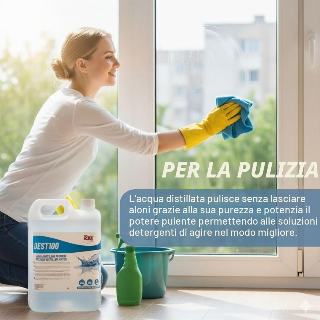 Acqua distillata pura al 100% da 5 l, ideale per batterie, ferri da stiro, umidificatori, pulizia, motori, CPap, laboratori. Acqua demineralizzata, acqua deionizzata. conducibilità inferiore a 1
