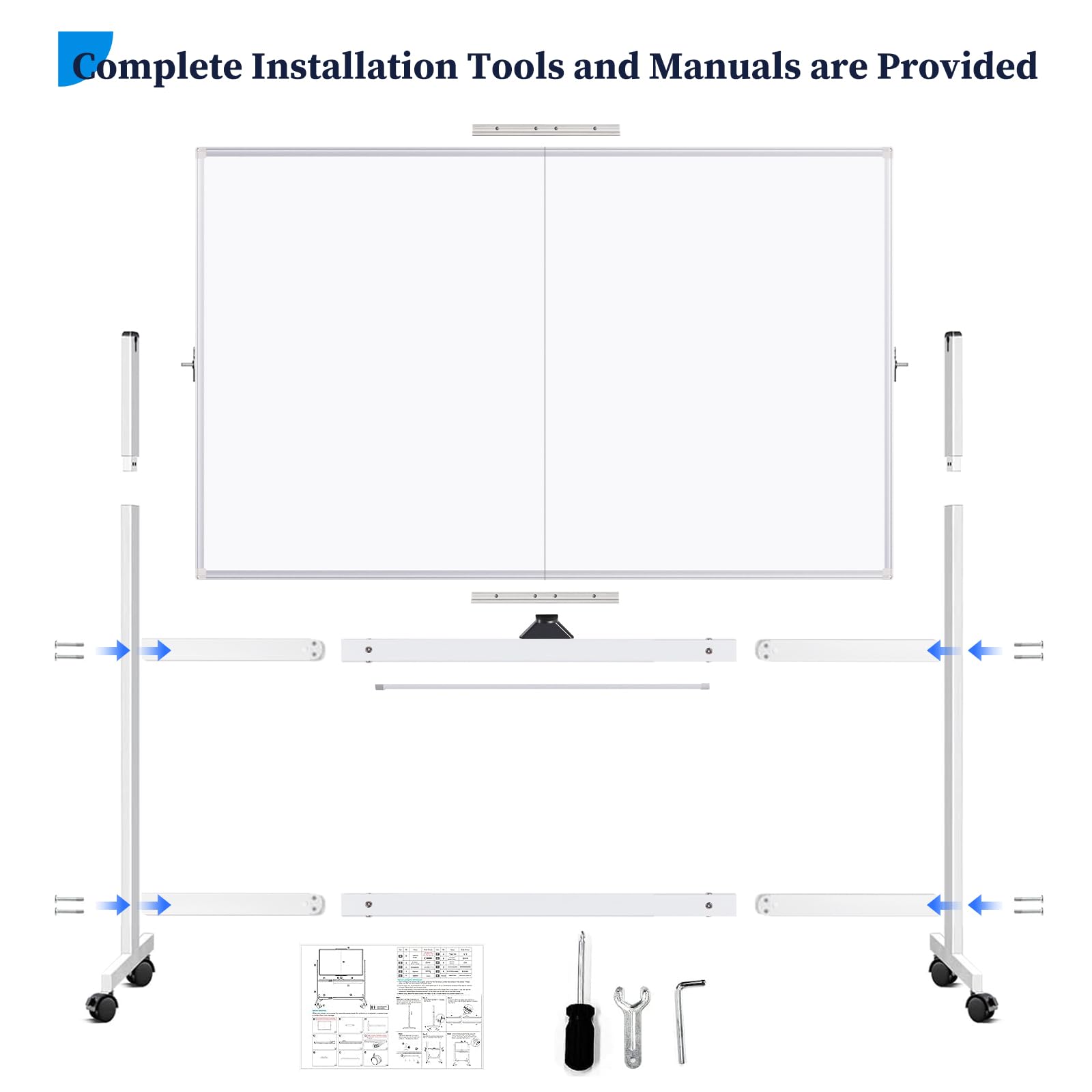maxtek Lavagna Bianca Mobile con Supporto 180 x 100 cm, Grande Lavagna Cancellabile Magnetica Double Face, Cadre en Aluminium, Capovolgimenti 360° su Ruote, per Casa, Ufficio, Scuola