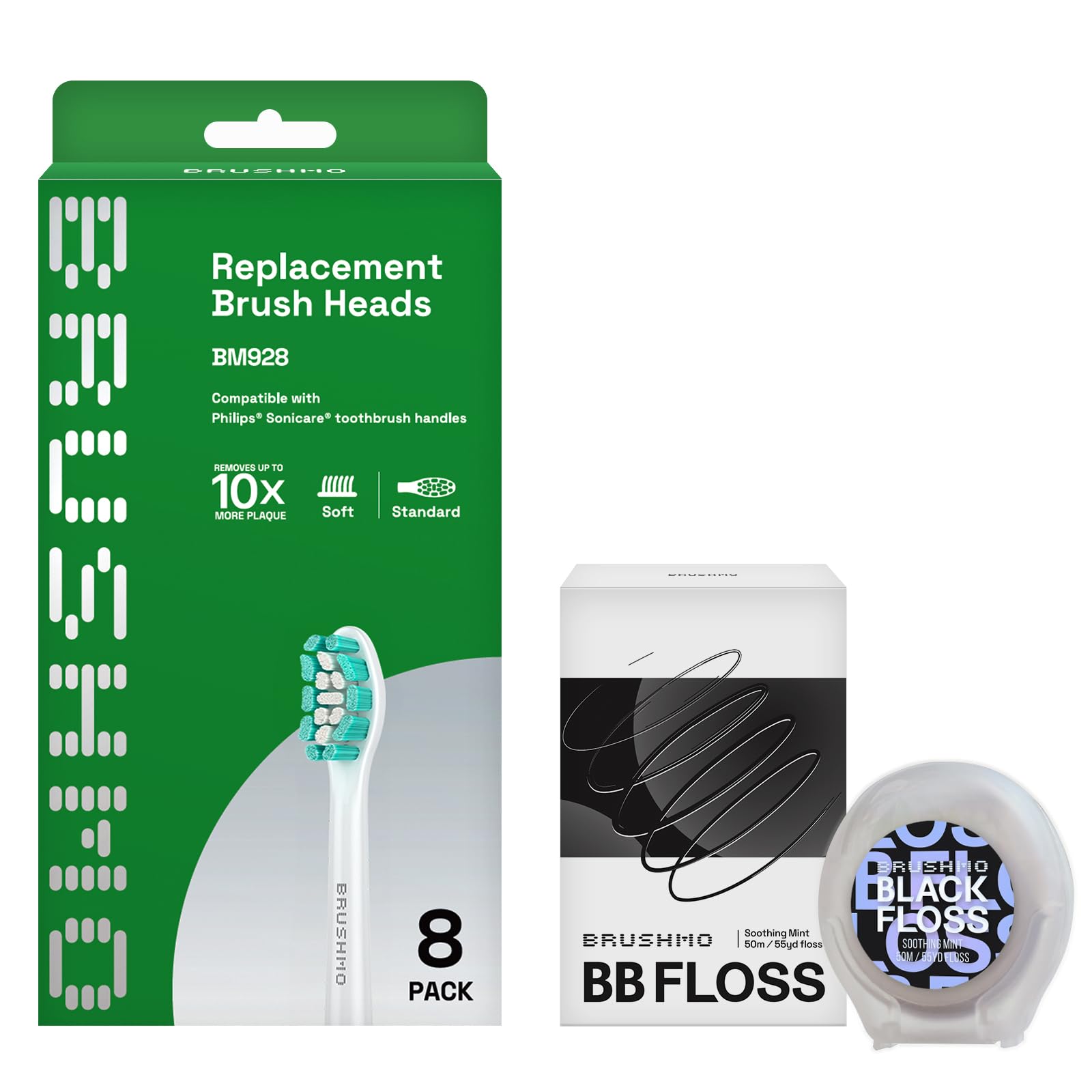 BrushmoPlaque Control Replacement Toothbrush Heads Compatible for Philips Sonicare HX9023 White Bundle with Brushmo Black Woven Expanding Dental Floss, Natural Wax to Prevent Gum Disease