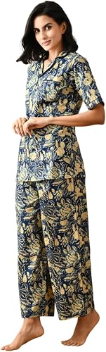 Cotton Floral Printed Lapel Collar Night Suit — Black