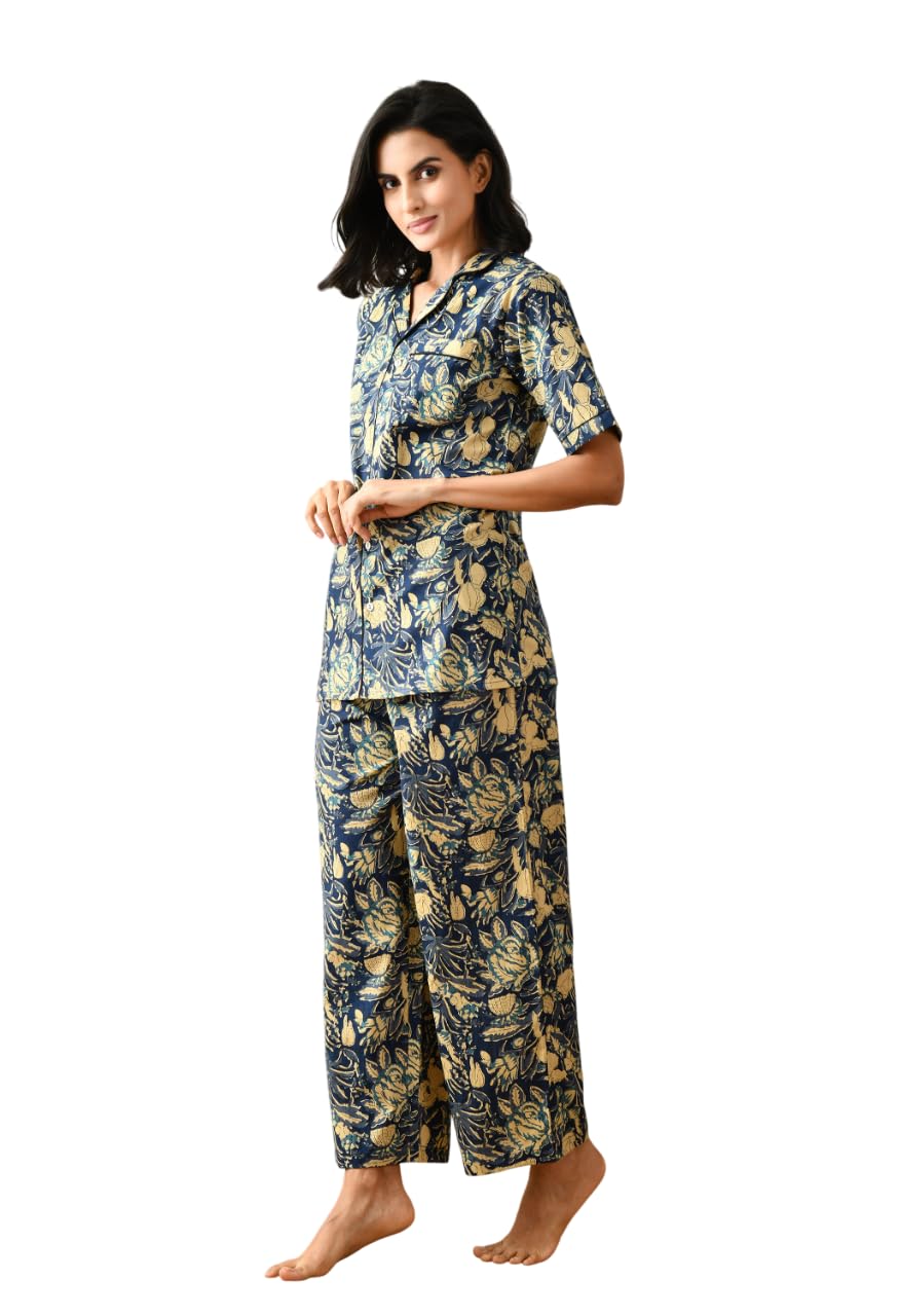 AIMIN Enterprises Women's Cotton Floral Printed Lapel Collar Night Suit Soft & Breathable Top & Pyjama for Daily Comfort (Black)-picture-48