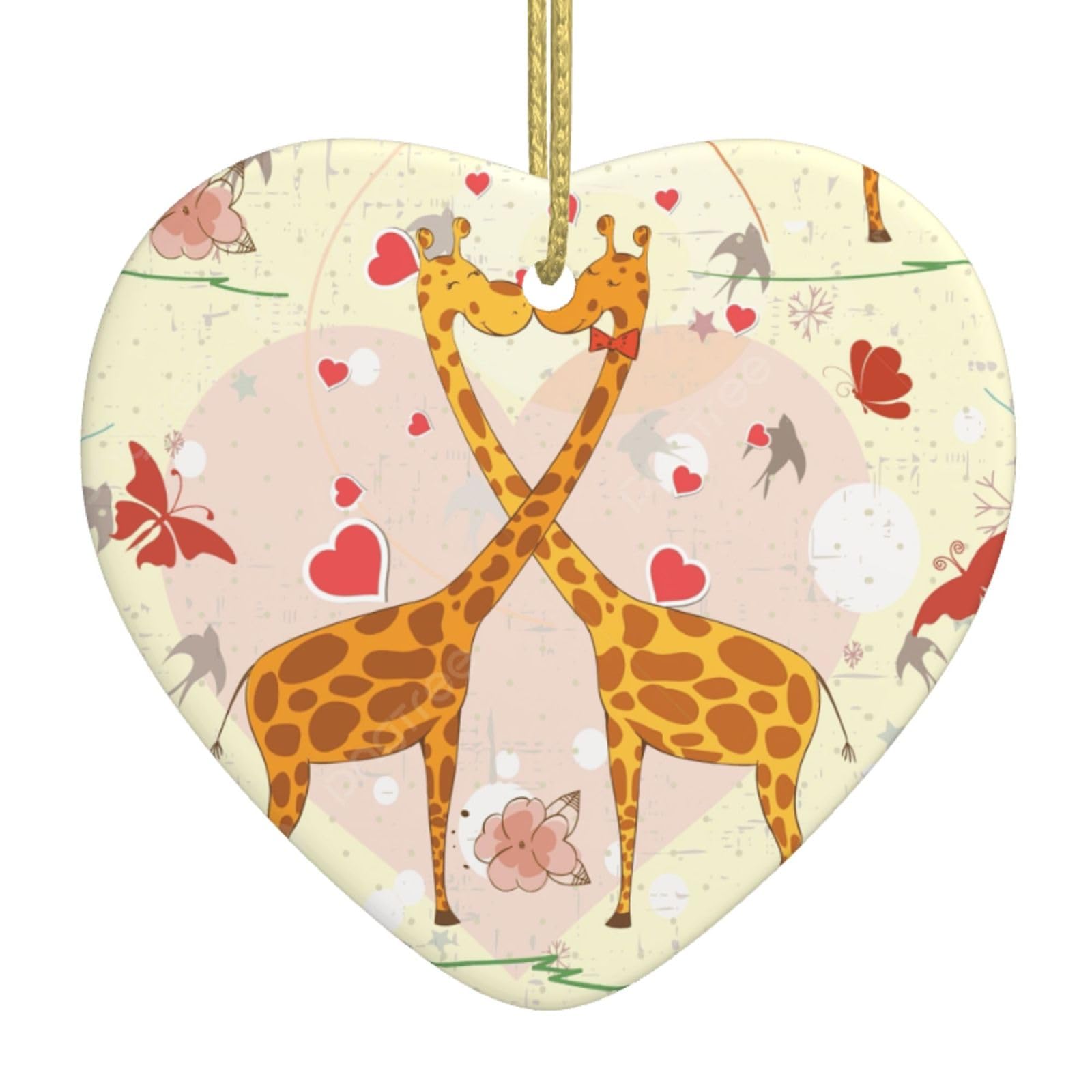 Nbtghga White Giraffe Heart Flower Butterfly Print Christmas Ornaments, Ceramic Hanging Ornament, Xmas Tree Decoration, Holiday Home Decor