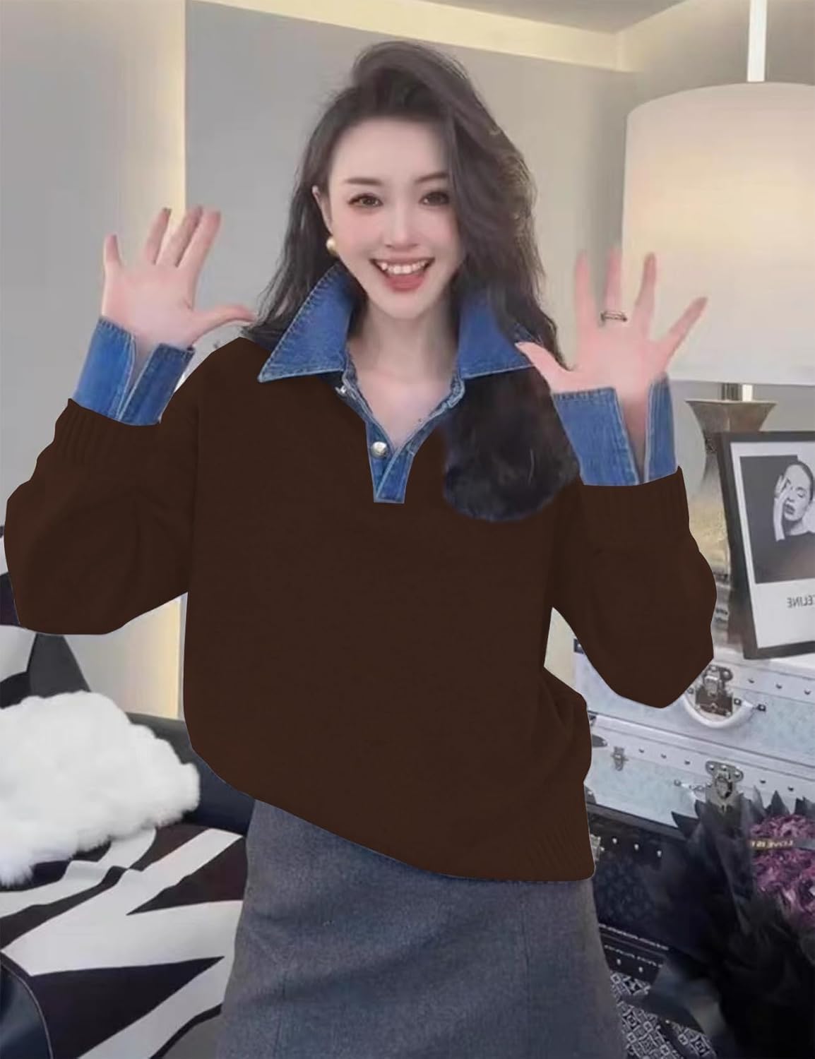 Womens Fall Oversized Long Sleeve Sweaters 2 in 1 Denim Panel Lapel Sweater Polo Knit Sweater Tops - Image 5