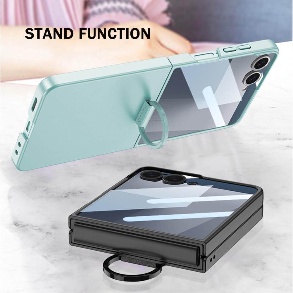 Coque pour Samsung Galaxy Z Flip 7, Verre Trempe Screen Protection Housse avec Anneau Support Béquille Mince Étui Dur PC,Noir,Flip 7