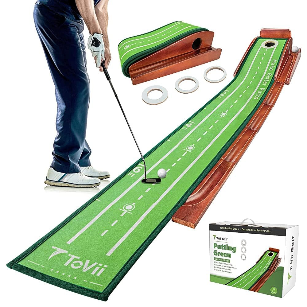 Putting Matte – Indoor Putting Green mit Ballrücklauf, Minigolf für Zuhause, Trainingshilfe für Golfspieler, kompakt & rutschfest, ideal für Heim & Büro Golftraining