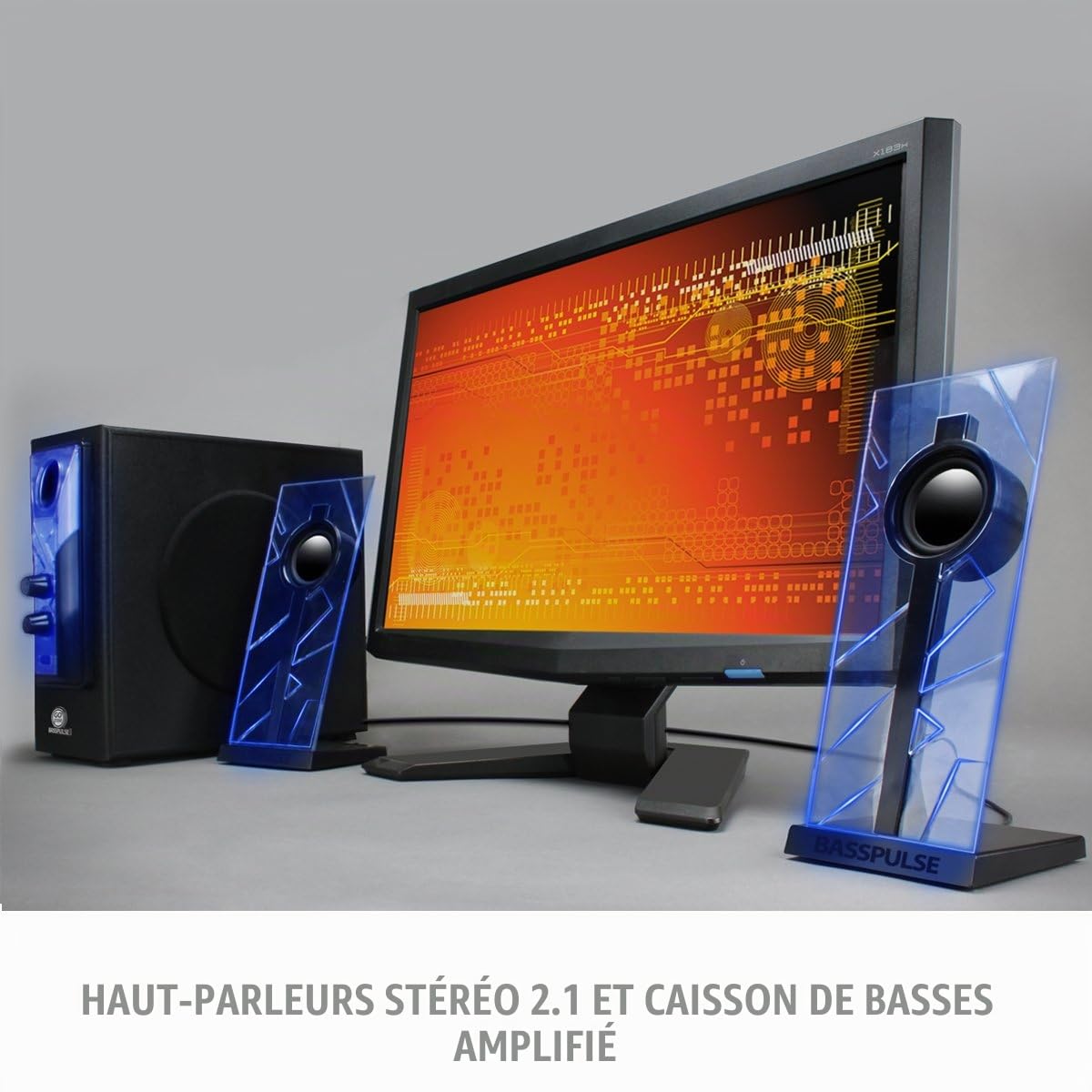 GOgroove Haut Parleurs PC Enceintes Stereo 2.1 Satellite Basses Passives Lampes LED Scintillantes - Compatible avec Ordinateur, Tablette, Smartphone et Tout Appareil Equipé d'un Port AUX 3,5 mm - Bleu