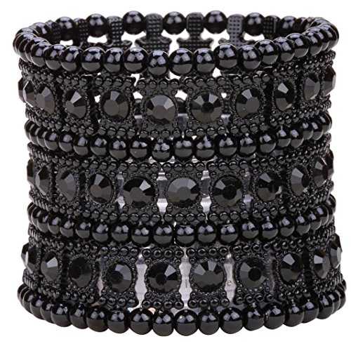 Yacq Women's Multilayer Stretch Cuff Bracelets Fit Wrist Size 6-1/2 To 7-1/2 Inch - Soft Elastic Band & 3 Row Crystals - 2 Inch Wide - Lead & Nickle Free (Dark Black) #TOP17