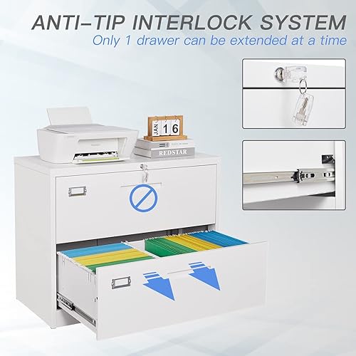 Miniatura 5 de Yizosh Archivador de 2 cajones blanco con cerradura, archivador para oficina en casa, gabinete de almacenamiento de archivos de oficina con cierre