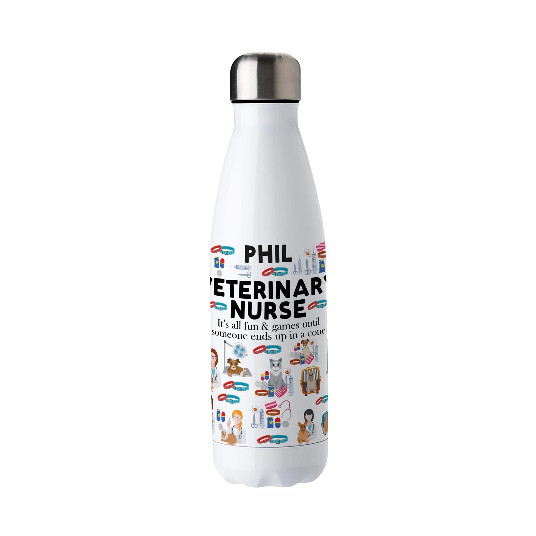 Purely Home Personalised Veterinary Nurse Water Bottle - Stainless Steel Double Walled 500ml Metal Hot/Cold Drinks Bottle Outdoor Novelty Gifts
