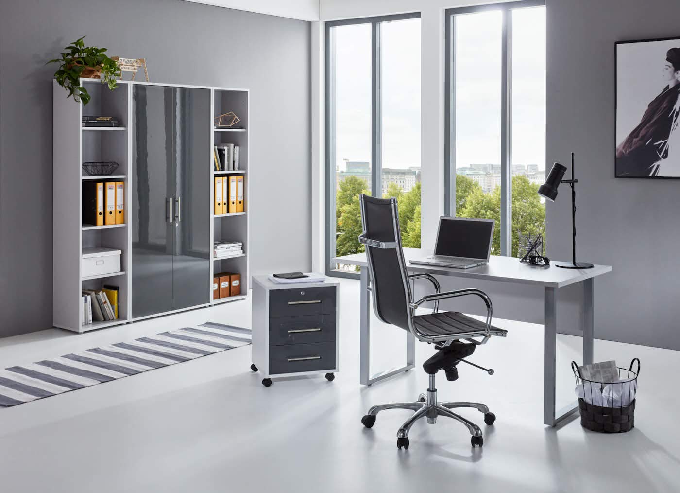 Büromöbel Set Arbeitszimmer Office Edition MINI Lichtgrau Anthrazit Hochglanz (Set 3)