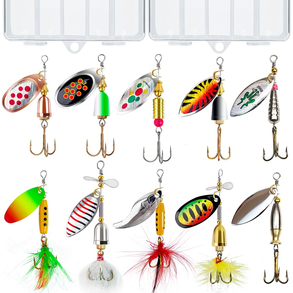 Fishing Spinner Baits for Freshwater and Saltwater, 10pcs Rooster Tail Fishing Lures & Spinning Spoons, Hard Metal Baits for Bass Trout Salmon with 2 Tackle Boxes