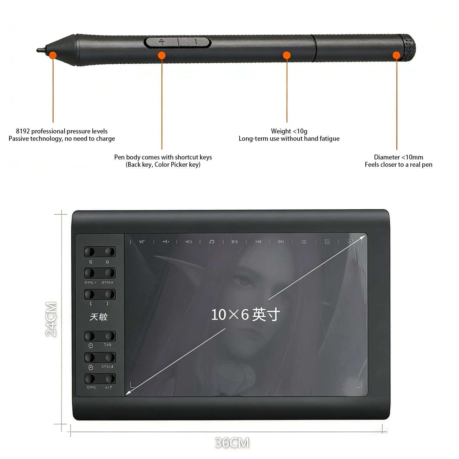 Tableta gráfica, tableta de dibujo, pantalla grande de 10 x 6 pulgadas, lápiz profesional sin sensibilidad a la presión de la batería, compatible con diferentes dispositivos, ideal para pintar, cursos