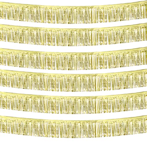 Image of 6 Pack 10 Feet Foil Fringe Garland Metallic Tinsel Streamers Banner Wall Hanging Curtain Backdrop Banner for Parade Floats, Thanksgiving, Christmas, Birthday, Halloween Party Decorations(Light Gold)