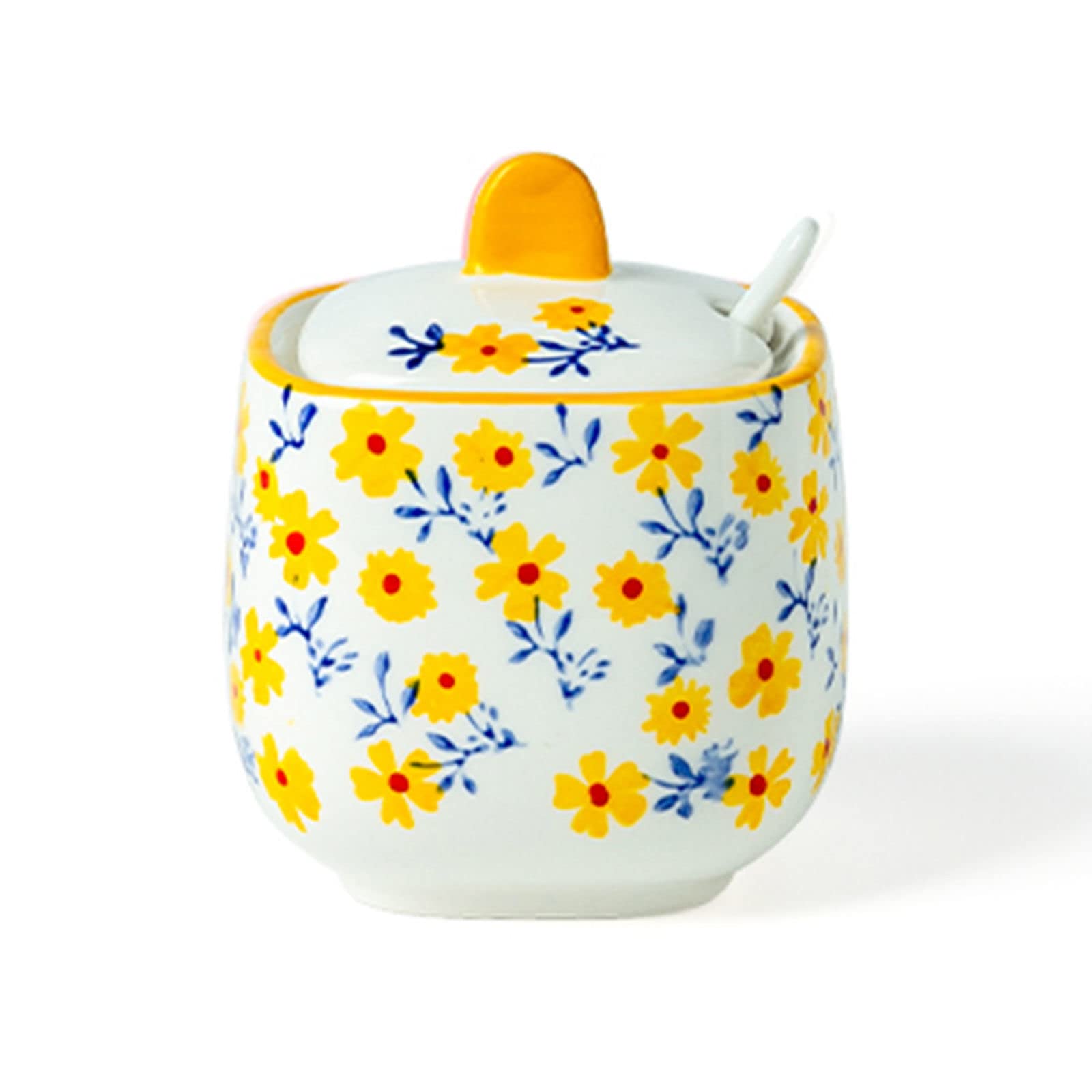 Tarro de especias de porcelana, azucarero, azucarero con patrón dibujado a mano con tapa, azucarero con forma de taza de té de cerámica, accesorios de café, vertedor de azúcar, almacenamiento de cocin