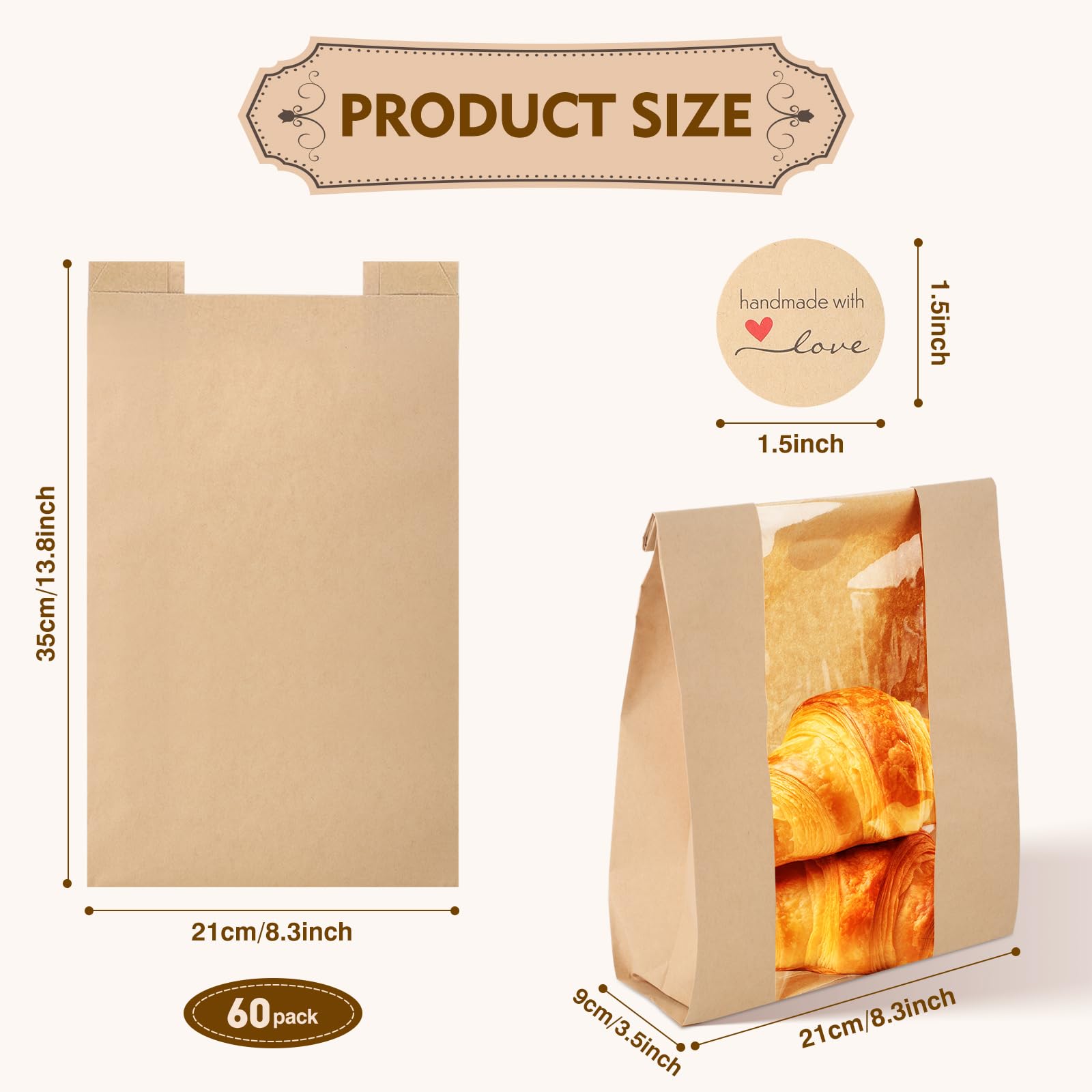 Cyblinia 60 Pack Toast Paper Bakery Bags Kraft Paper Bread Loaf Bags with Window for Loaf Pastry Cookies Candies with 60 PCS Label Seal Stickers (13.8