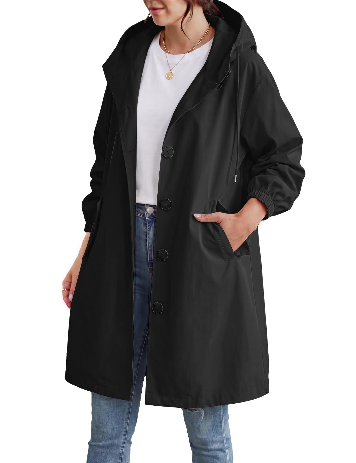 CMTOP Mantel Damen Lang Elegant Leichte Trenchcoat, Einfarbig Klassische Mäntel Winddichter Übergangsmantel Wasserabweisend Windjacke mit Taschen, Kapuze für Frühling Sommer Herbst