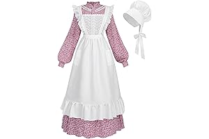 Long Colonial Pioneer Costume Dress with Bonnet and Apron for Women