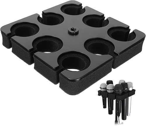 Soporte para micrófono múltiple con capacidad para hasta 8 micrófonos, ideal para organización del escenario y exhibición, con adaptador de rosca de