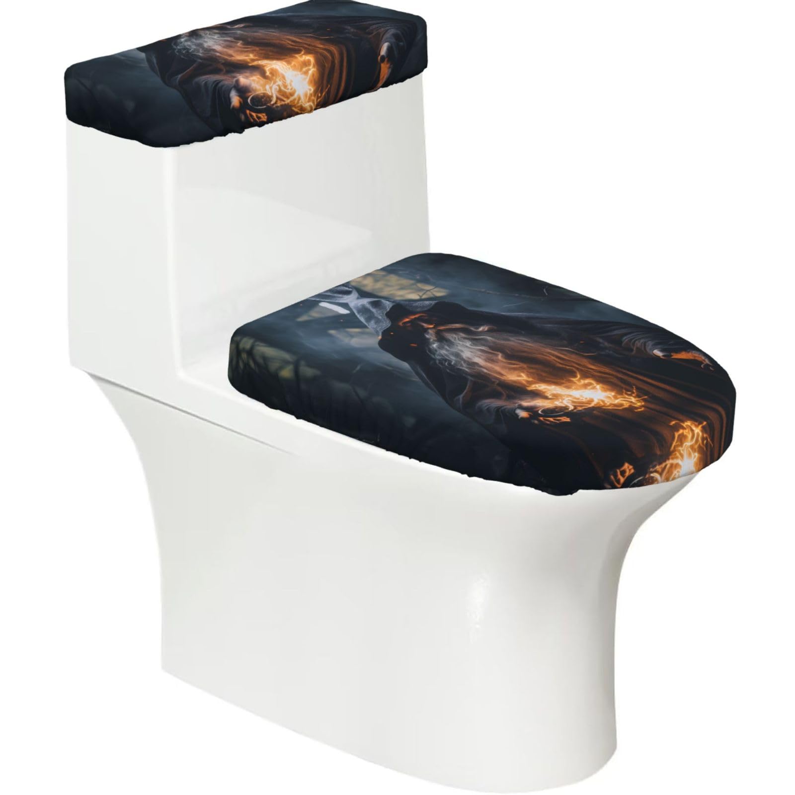 Mrowyc Black Magician 2-Piece Toilet Seat & Tank Lid Cover Set - Elastic Stretch Design - Universal Fit For U-Shape-O-Shape-Elongated Toilets - Functional Bathroom Decor & Housewarming Gift
