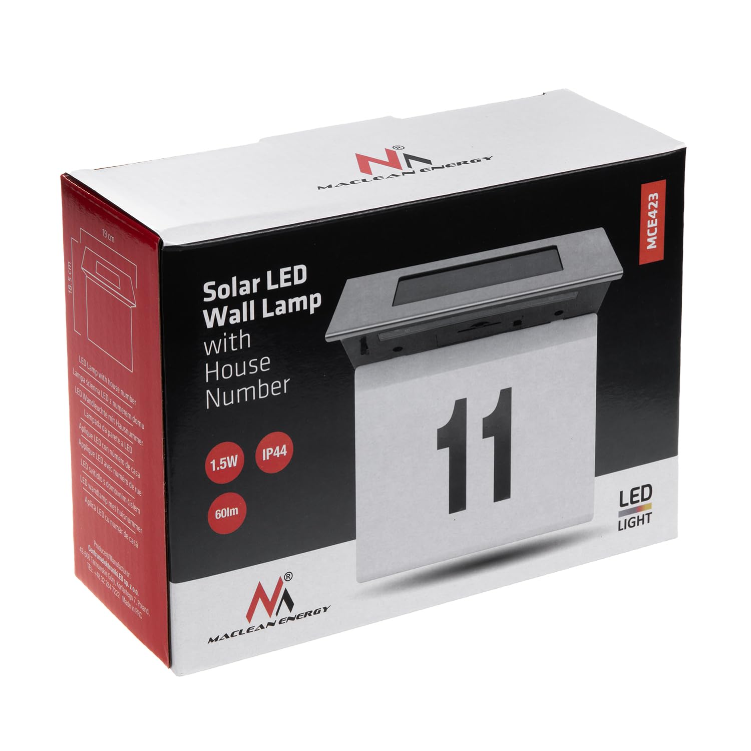 Maclean MCE423 luce solare per numero civico in plexiglass: numero civico 17x13cm con illuminazione a LED sensore crepuscolare IP44 60lm 1,5W bianco freddo 6000K applique da parete per esterno