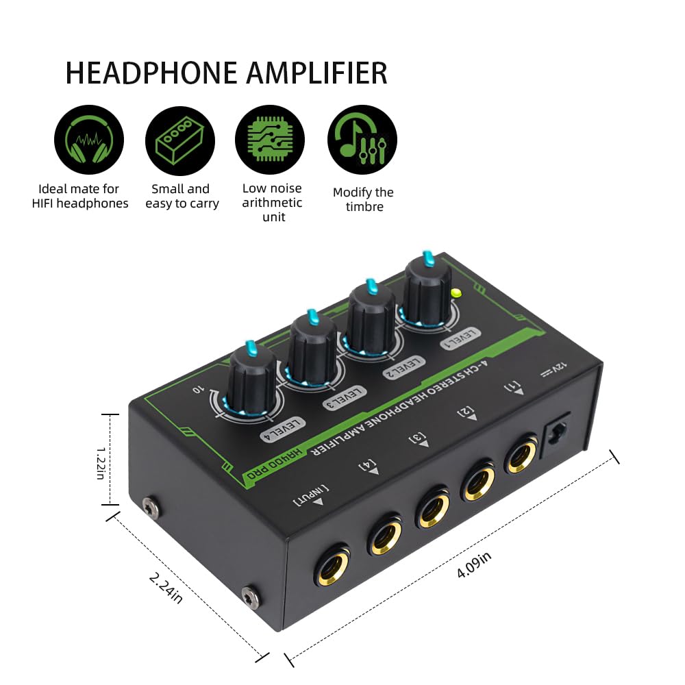 Btuty Amplificateur Pour Casque Stéréo à 4 Canaux Mini Amplificateur Audio avec Adaptateur D'alimentation DC 12 V Interface D'entrée/Sortie De 6,35 MM Splitter
