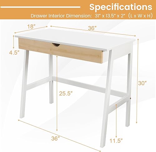 Miniatura 3 de Tangkula Escritorio pequeño blanco con cajón, escritorio de estudio de escritura para espacio pequeño, escritorio compacto para computadora portátil