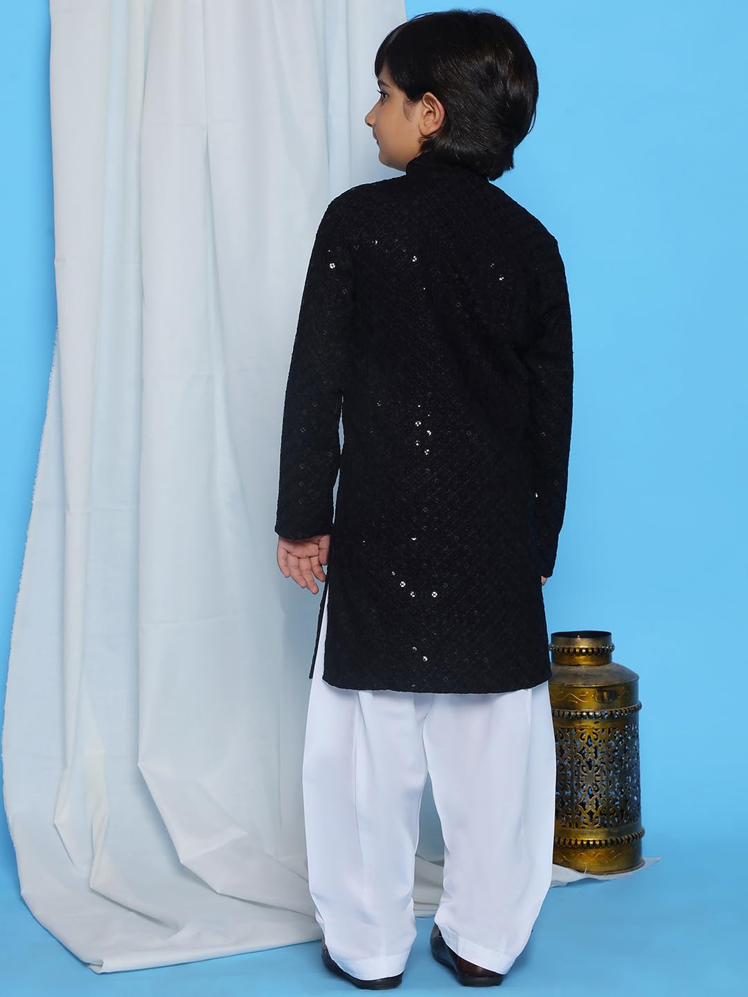AJ DEZINES Boys Ethnic Kurta Pajama Set | Cotton Full Sleeve Chikankari Kurta with Sequins | Traditional & Festive Outfit | Mandarin Collar, Regular Fit | Special Occasion Outfit for Kids | BLACK-7 - Image 3 thumbnail