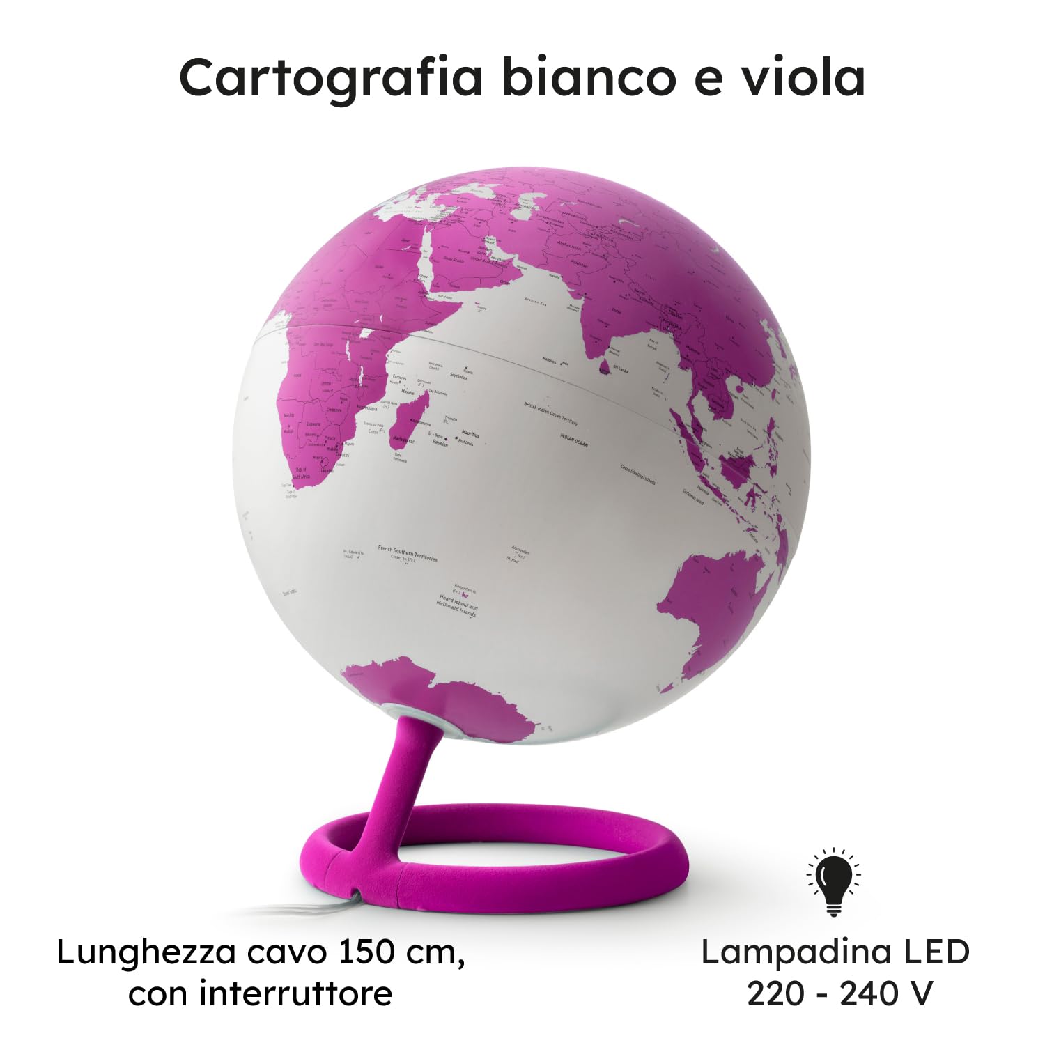 Tecnodidattica Atmosphere Evolve Velvet Agata - skandynawski globus z kolorową lampą, polityczna kartografia w języku angielskim, średnica 30 cm, wyprodukowano we Włoszech