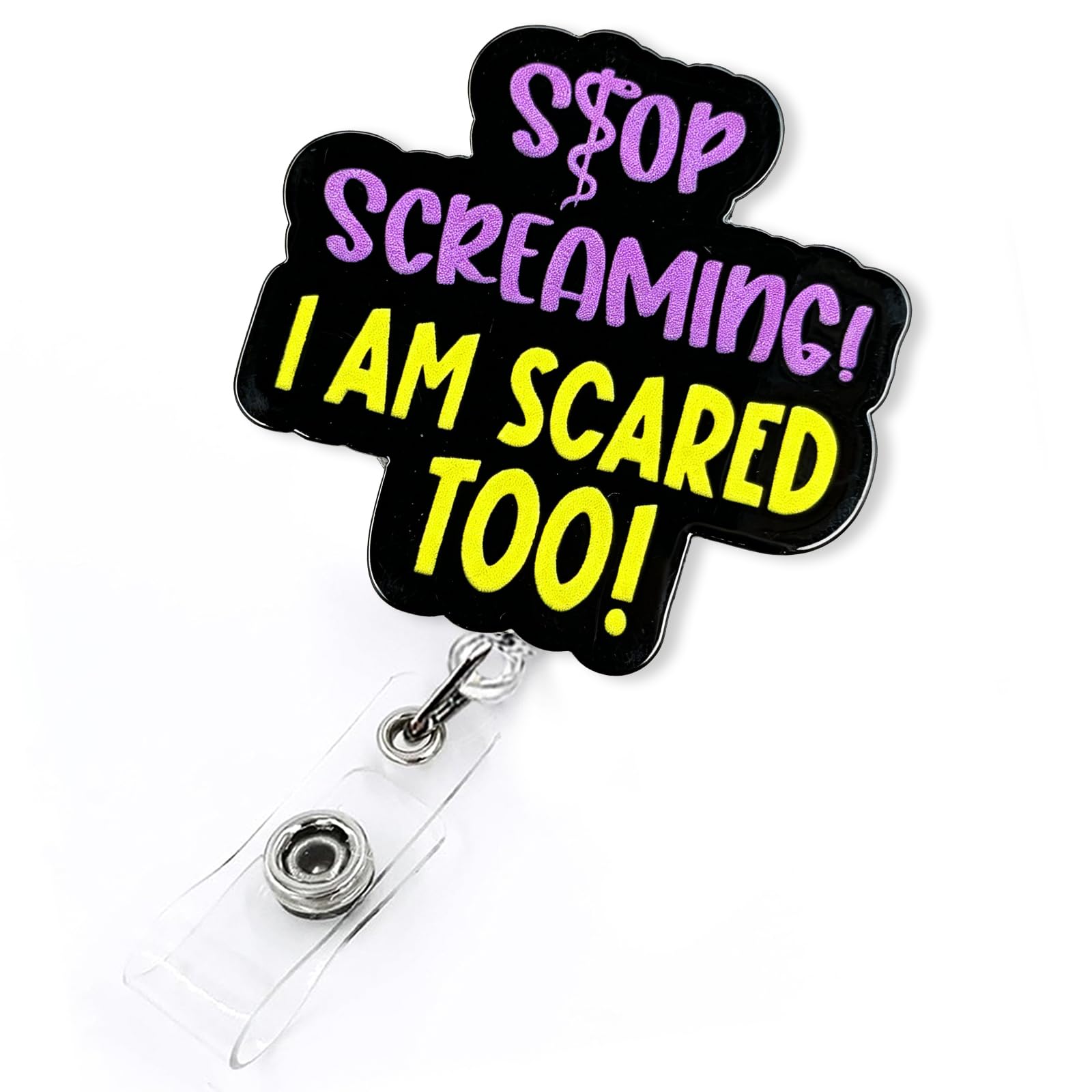 Stop Screaming I'm Scared Too Badge Reel, Funny Retractable Badge Reel for Nurse Nursing Student RN MA CNA LPN EMT EMS & Medical Worker, Paramedic Badge Clip, ER Nurse Badge Holder with Alligator Clip