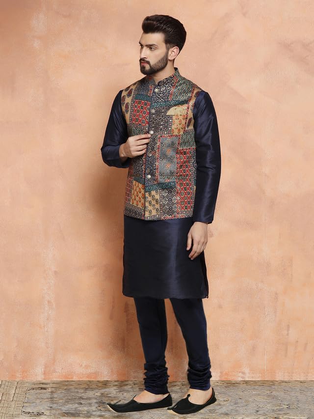 Image of KISAH Men's Ethnic Wear Regular Fit Cotton Blend Printed Kurta Churidar and Jacket Set