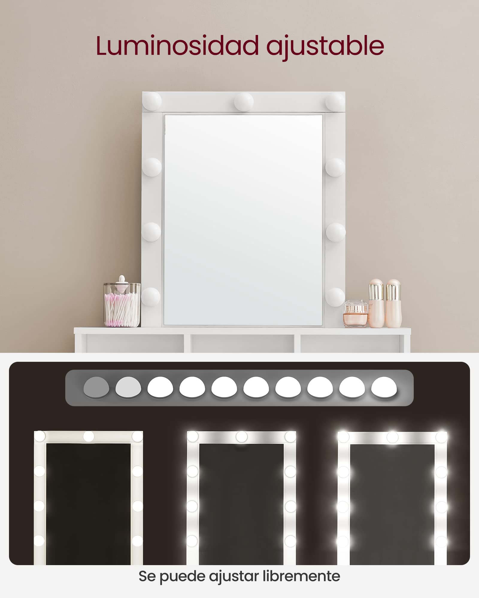 VASAGLE Tocador con Iluminación LED, Taburete de Maquillaje, 2 Cajones