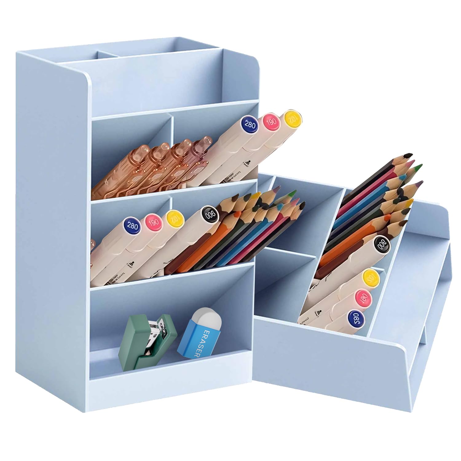 Tissting Desk Organizer, Vertical Pen Organizer, Plastic Desk Organizer Pen Holder Stationery, Multifunctional Marker Pencil Storage Caddy Tray for Office, School, Home (Blue)