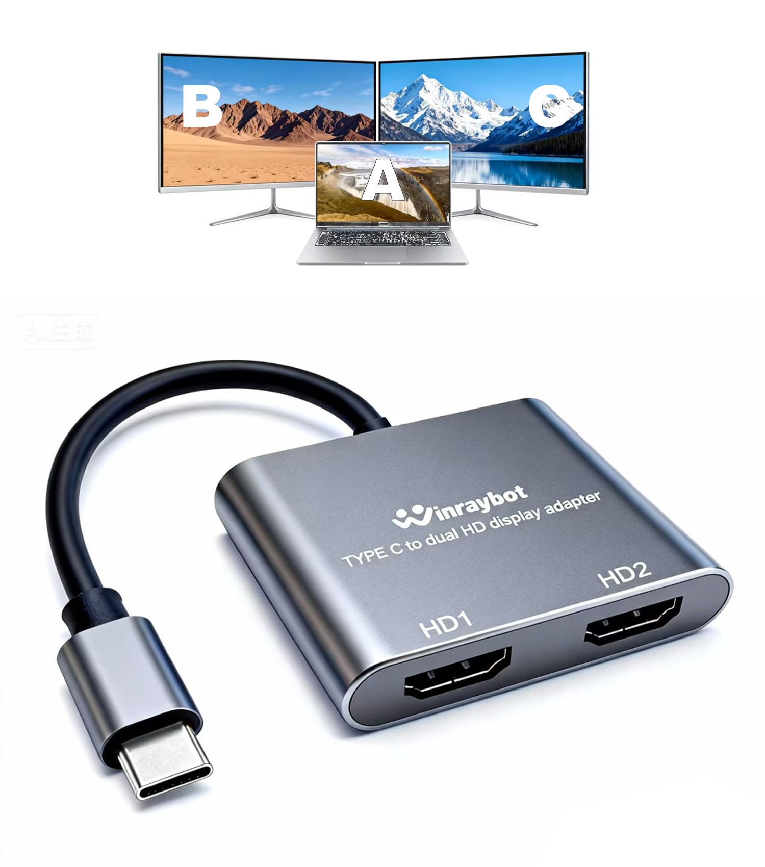 USB C to Dual HDMI Adapter 4k60Hz Extend Dual Monitors from MacBook Pro/Air,Dell XPS,Lenovo XiaoXin, USB-C Dual Monitor Adapter for Windows & Mac
