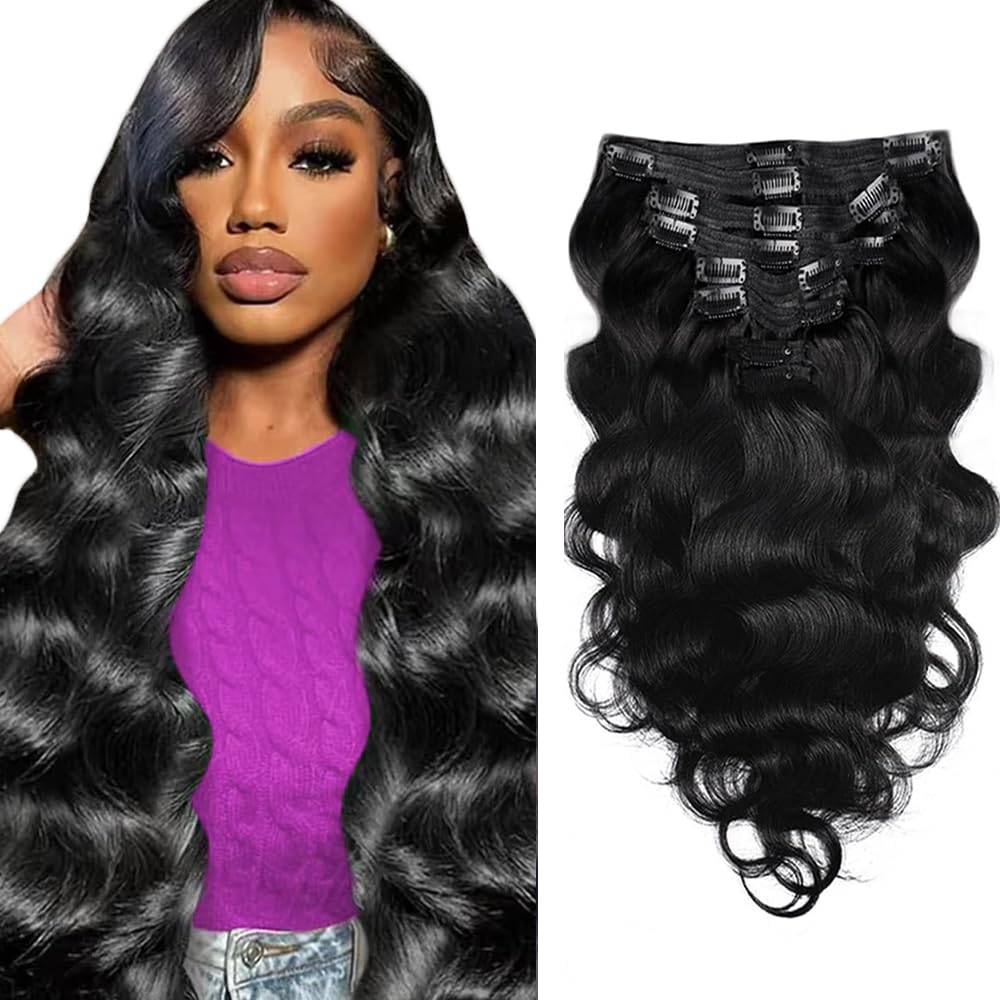 Photo 1 of 1B Black Clip in Hair Extensions Real Human Hair, 28 Inch 120g/7Pcs,Full Shine Remy Human Hair,Natural Black Body Wave Clip ins Brazilian Virgin Human Hair Extensions