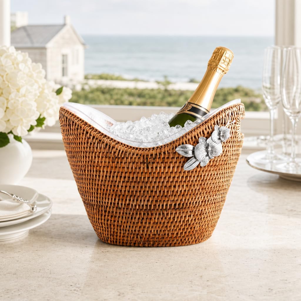 Vagabond House Rattan Wicker Champagne Bucket with Orchid Accent - Luxury Outdoor Ice Holder for Parties - 11 Inches Tall x 13 Inches Across image 3