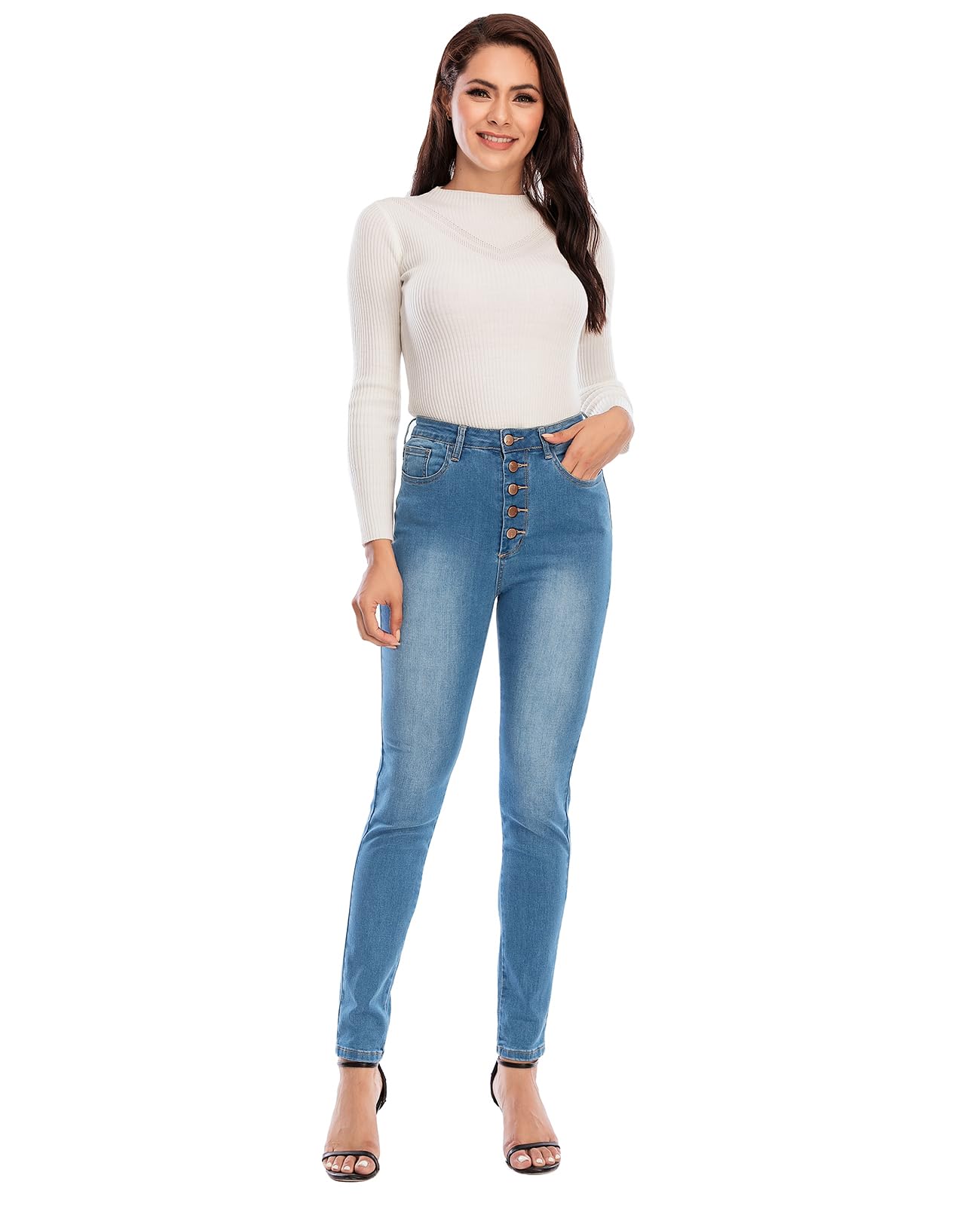 Ecupper Jeans Femme Taille Haute Slim Skinny avec Poches Pantalon Stretch Classique