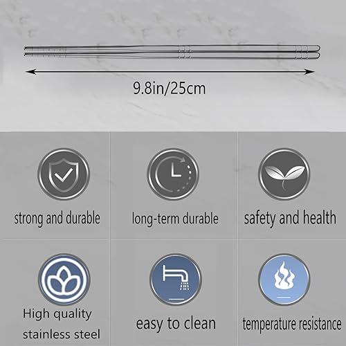 Miniatura 2 de Juego de 5 palillos de metal, palillos de acero inoxidable de alta calidad de 9.8 pulgadas, palillos reutilizables, aptos para lavavajillas,